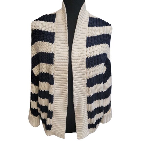 Express White with Navy Stripes Chunky Knit Cardigan Batwing Sweater Size S - Picture 1 of 8